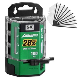 SK 100-Pack Utility Knife Blades, TAC Tetracarbon Coated SK2M Steel, Heat-Treated & Precision-Ground Edges for 28× Longer Cutting Performance, Industrial Cutter Blades with Dispenser