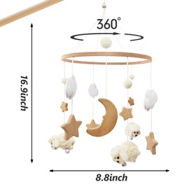Mobile Baby Wooden Sheep Baby Bed Mobile Baby Wind Chime Beige, Clouds Moon Star Baby Mobile Boho Bed Bell, Baby Toy for Girls or Boys