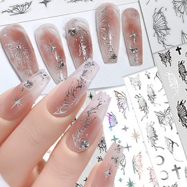 Butterfly Nail Art Stickers Decals, Silver Black White Laser Butterflies Nail Transfer Decal Acrylic Supplies, 3D Butterfly Nail Self-Adhesive Sticker Designs for Women Girls Manicure Tips Decorations