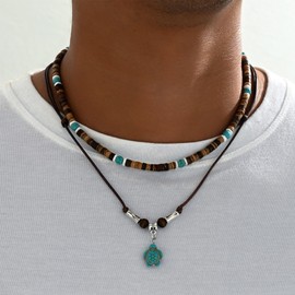 KOFISNI Puka Shell Necklace Men Brown Coconut Shell Wood Beads Choker Beach Seashell Surfer Necklace Hawaiian Summer Jewelry (Turtle)