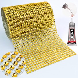Yhsheen - Cinta de diamantes de imitación dorados, 4.7 pulgadas x 4.5 yardas, tela de malla de diamantes de imitación de 24 filas, rollo de cinta de diamantes de imitación para manualidades, ribete envolvente de diamantes de imitación, dorado