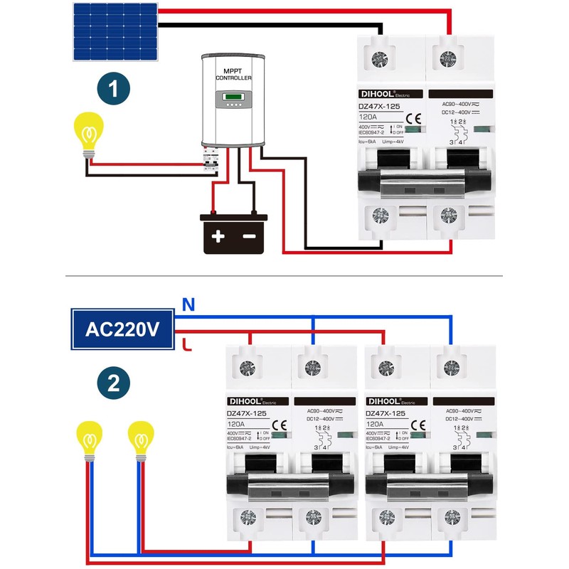DIHOOL Solar Disconnect Switch, 120 Amp 2 Pole, DIN Rail