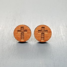 Cross Earrings - Wood Earrings - California Redwood Stud Earrings - Circle Post Earrings