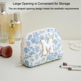 WHHJM Initial Dome Cosmetic Makeup Bag Small Cotton Quilted Makeup Pouch for Purse Cute Blue Floral Travel Toiletry Zipper Pouch (Blue Floral M)