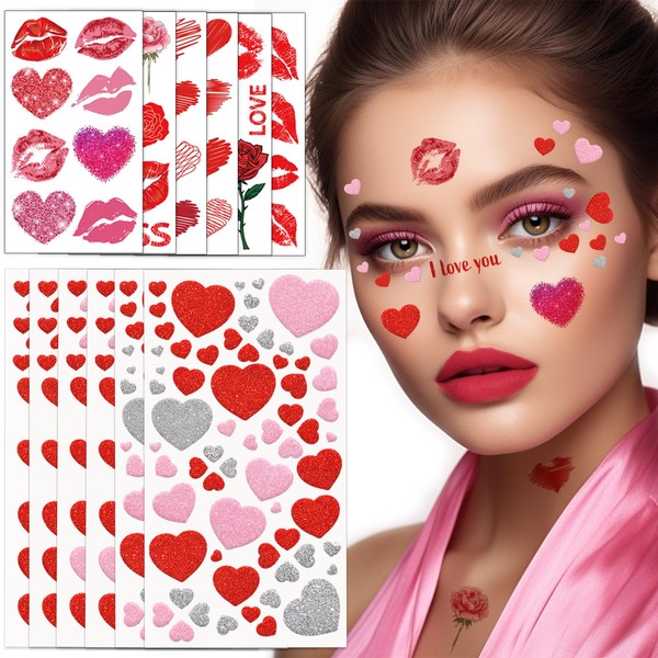 Face Tattoo Carnival, 6 Sheets Glitter Heart Stickers + 6 Sheets Love Tattoo, Face Tattoo Glitter Heart Stickers for Carnival Valentine's Day Makeup Carnival DIY Crafts