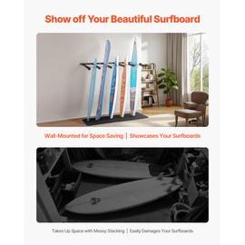 VEVOR Surfboard Wall Mount, 6 Arms Vertical Surfboard Rack, Space-Saving Paddle Board Holder with Rubber Mat, Paddle Rack for SUP, Ski, Skateboards