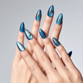 Blue Press On Nails Medium Almond Cat Eye False Nails with 3D Sculpting Metallic Design,Handmade Gel Glue On Nails-24Pcs fake Nails Kit，Moonstone Magic