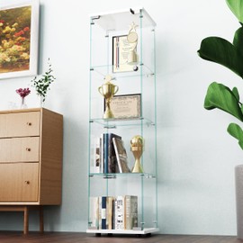 Dolonm Glass Display Cabinet 4 Shelves with 1 Door, 5mm Tempered Glass Storage Cabinet, Floor Standing Curio Bookshelf, Glass Display Case for Living Room, Office, Bedroom, White