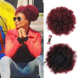 MKJVEN Afro Puff Drawstring Ponytail for Black Women Burgundy Afro Puff Ponytail Extensions, Kinky Curly Ponytail Hair Bun (TBUG#)