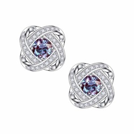June Birthstone Earrings for Women Mom, Sparkle Round Cut Created Alexandrite Stud Earrings 18K White Gold Plated 925 Sterling Silver Knot Birthstone Earrings for Women Mom Wife Birthday Gifts