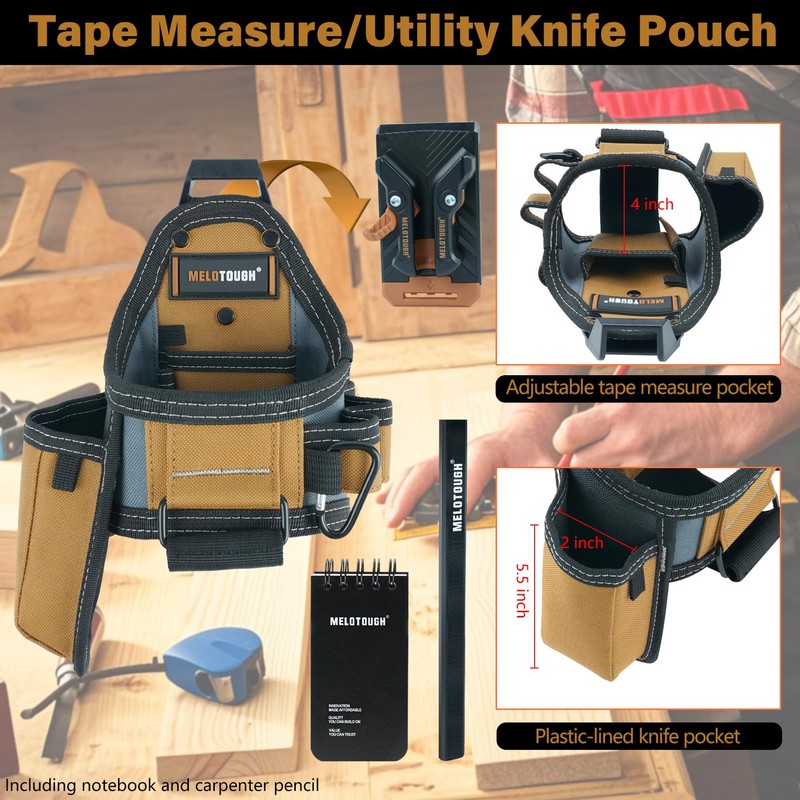 MELOTOUGH Tape Measure Pouch/Utility Knife Pouch + Notebook & Pencil