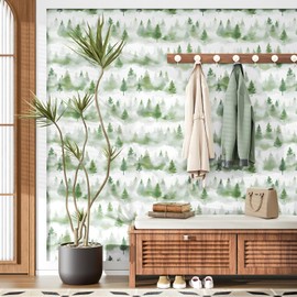 HENNOR Misty Forest Wallpaper Peel and Stick 17.5in x32.8ft Green Tree Contact Paper Boho Wallpaper Vinyl Self Adhesive Removable Modern Floarl Wall Paper for Cabinet Bathroom Locker Wall Decor