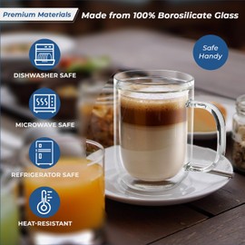 Aquach 16-ounce Large Double Walled Glass Coffee Mugs with Handle, Set of 2 - Clear Cups for Latte, Cappuccino, and Tea