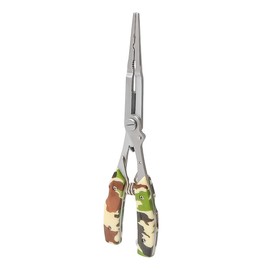 FONGKNOX Stainless Steel Fishing Long-Needle Nose Pliers Hook Remover Tool Bait Line Cutting Multi-Functional Lightweight Pliers with Safety Lock & Bag Easy Carry with Green Camouflage Pattern Handle