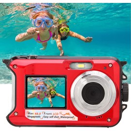 Acuvar 48MP Megapixel Waterproof Dual Screen Full HD 1080P Digital Camera for Underwater Photo and Video Recording for Selfies with LED Flash Light for Adults and Kids (Red)
