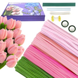 Pipe Cleaners Flower Craft Kit,Chenille Stems Craft DIY Bouquet Making Set with Floral Wires, Gardening Tape, Stamens & Ribbon for Home Decor-Holiday Decorations,Gifts - 400 Pcs (Pink)