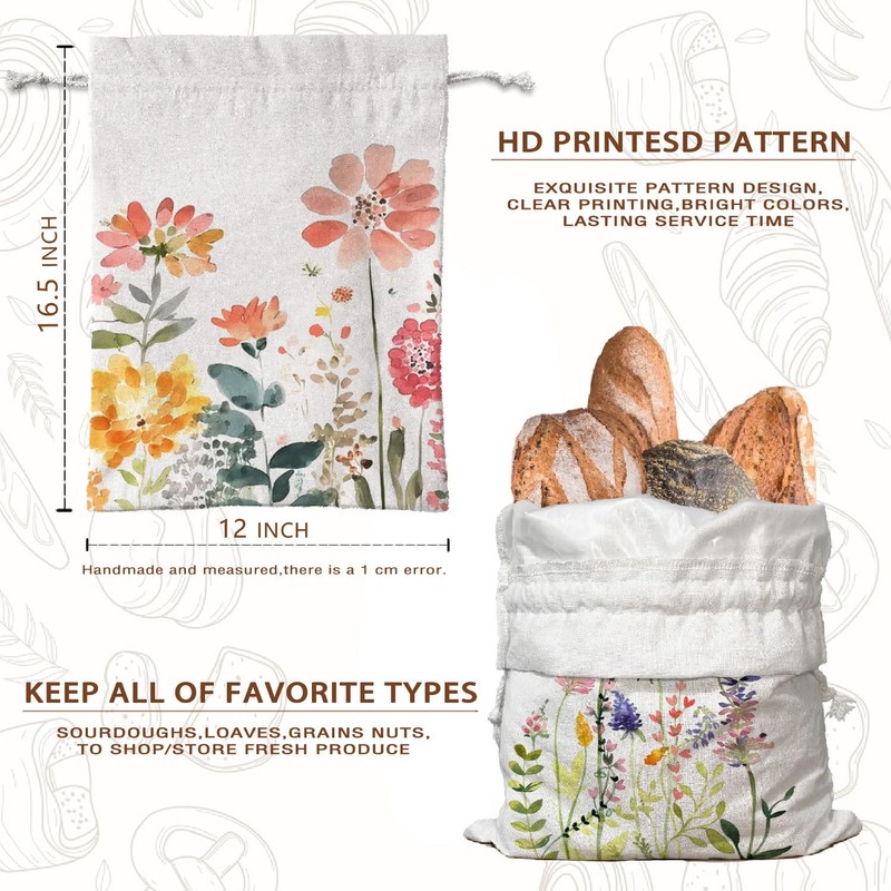 Reusable Linen Bread Bag for Homemade Bread Sourdough Loaf, Wildflower
