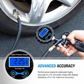 KEWAYO Digital Tyre Inflator with Pressure Gauge, 0.1 Display Resolution 200 PSI Air Chuck and Compressor Accessories Heavy Duty with Rubber Hose and Quick Connect Coupler, for Car Truck