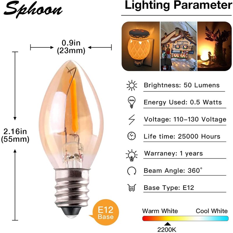 C7 LED Night Light Bulb,Classical Edison Style E12 Candle Base,