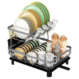 2 Tier Dish Drying Rack Dish Racks for Kitchen Counter Metal Dish Drainers with Knife Cup Utensil Holder, Black dishdryerrack:_Grey
