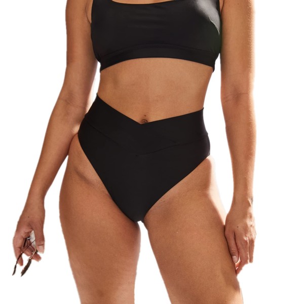 ZOHAMUNG Womens' Black Crossover High Cut V Waisted Cheeky Bikini