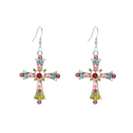 QIAOLEHUI Goth Cross Earrings for Men Women Gold Plated Crystal Dangle Drop Earrings Cubic Earrings Jewelry (Pink)