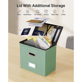 Oterri 2 Pack File Organizer Boxes with Lids, File Box with Mesh Pockets, Document Organizer Box for File Folders Letter Size, Zippers Filing Box for Home, Office, School (Green, Without Folders)