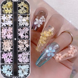 12 Grids 6 Colors Flower Nail Charms Flowers Nail Rhinestones Small Round Alloy Nails Art Charms Nail Supplies for Nail Gems Charms for Nails Design Manicure Decor Daily Acrylic Accessories