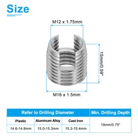 PATIKIL Self-Tapping Threaded Inserts, 6 Pcs M12 x M16 x 15mm 303 Stainless Steel Thread Adapter Reducer Slotted Screw Repair Inserts Nuts Sleeve