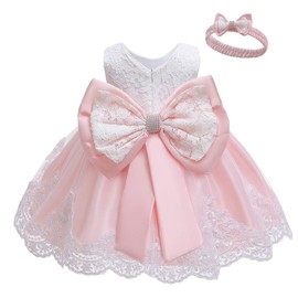 LZH baby girl lace dress, bowknot, flower dresses, wedding competition, Christening, tutu dress. - Tutu pink