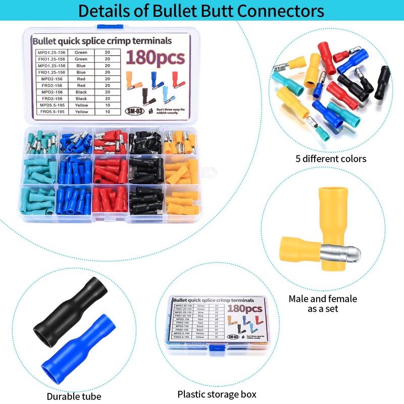 180 Piece Cable Lugs Set, Crimp Connector Assortment Kit, Electrical