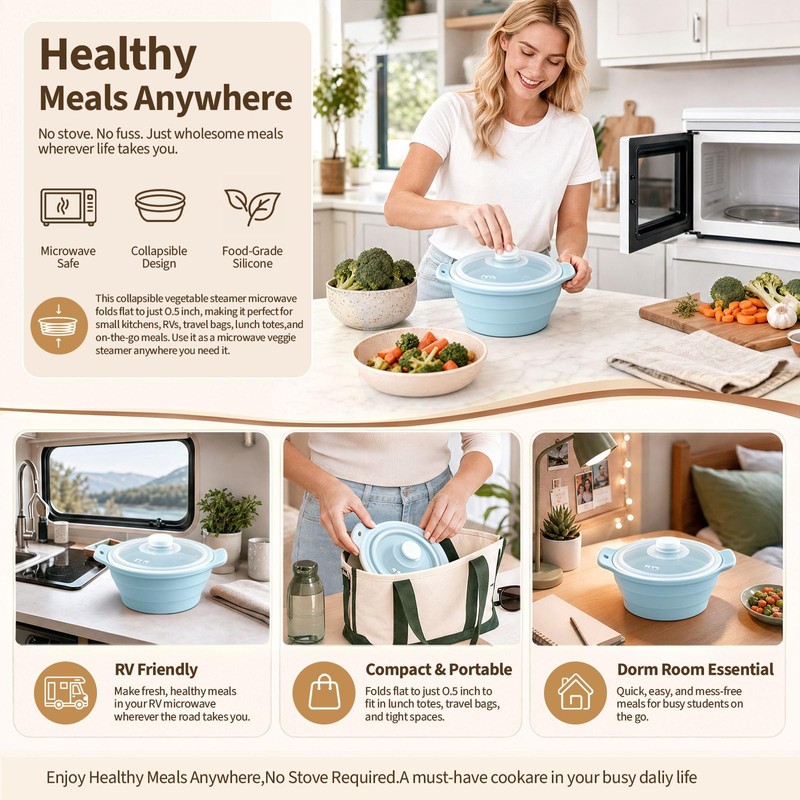 Collapsible Microwave Steamer Bowl, Silicone Microwave Cookware with Lid, Dishwasher