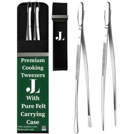 The Precise Touch Kitchen Cooking Tweezers 2PC Set With Pure Felt Case. Long Yet Thin 12 Inch Chef Tweezer Tongs For Plating Pasta, Culinary Food Or Flipping Meats. Made From Stainless Steel