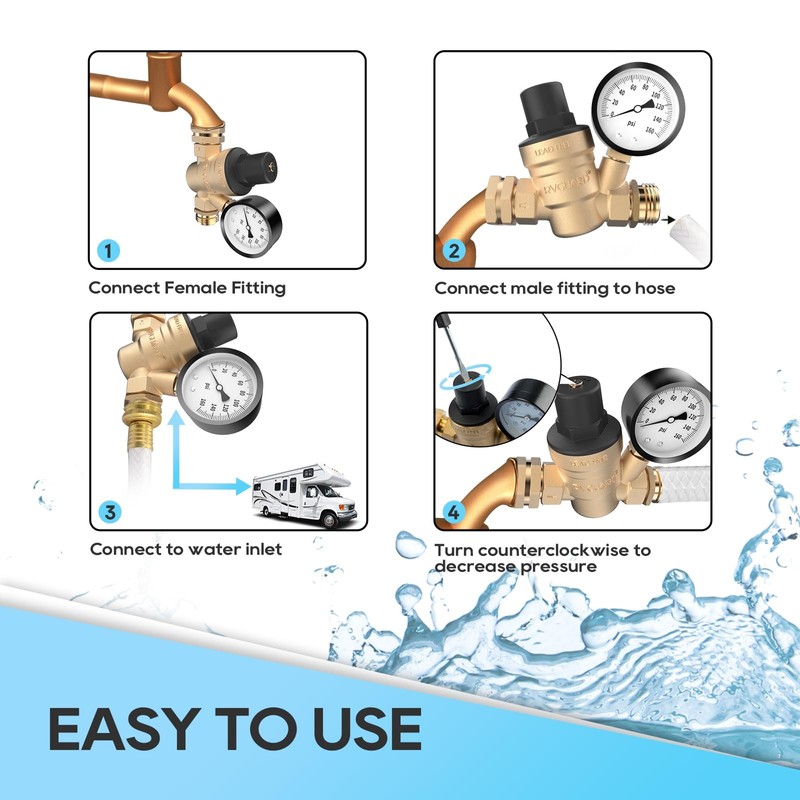 RVGUARD RV Water Pressure Regulator Valve, Brass Lead-Free Adjustable Water