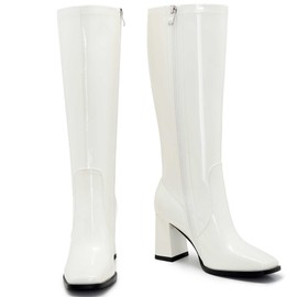 Aizhenzm White Gogo boots for women- Knee-High Boots with Zipper, Square Toe Tall Leather Boots, Chunky Heel Fashion Long Boots Size 6
