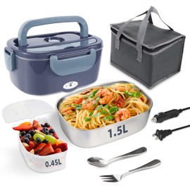 SOHIDA Electric Lunch Box, 12V/24V/110V Portable Food Warmer with SS Fork & Spoon for Car/Truck/Office, 80W Self Heating Lunch Box with 1.5L Container & 0.45L PP Fruit Box Light Bluish Purple