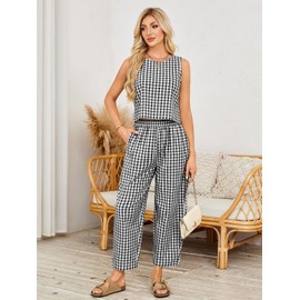 SotRong Gingham Summer Outfit for Women Relaxed Boxy Fit Plaid Plaid Casual Wear Sleeveless Crew Neck Tank Tops High Elastic Waist Short Pants Chic Y2K, black, XL