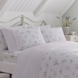 Dreams & Drapes - White Floral Lavender Duvet Cover - Single Bedding Size (140 x 200cm) - Classic Ruffle & White Lace/Frill - White & Lilac Floral Bedding - Vintage White Bedding with Botanical Print