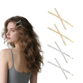 4 Pcs Gold & Silver Rhinestone Bobby Pins Cute X Shaped Hairpins for Women Girls Fancy Shiny Crystal Bling Hair Clips for Weddings, Proms, Birthday, New Year Eve