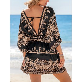 CUPSHE Women Backless Mini Summer Dress Cover Up Plunging V Neck Half Blouson Sleeve Elastic Waist Back Tie Casual Sundress Beach Dress, Black Brown S