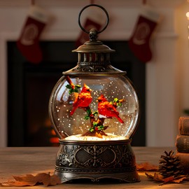 Christmas Village Snow Globe Lighted Cardinal Holly Scene, Musical Snow Water Lantern Swirling Glittering Home Decoration and Gift, Battery Operated or USB Powered