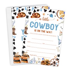 Western Baby Shower Invitations - A Little Cowboy Is On The Way - Fill In Style Double-Sided Invite Cards With Envelopes For Gender Reveal, Baby Announcement, Party Favor & Supplies(Set Of 25) - A07