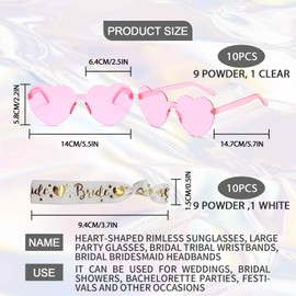 DOKLY 10 Pairs Heart Shaped Rimless Sunglasses Bulk Party Glasses 10Pcs Bride Tribe Wristbands Hair Ties for Women （Pink）
