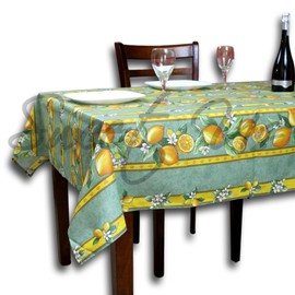 La Cigale Citron Wipeable Tablecloth Spill Resistant Acryllic Coated, Floral Cotton French Provencal Tablecloth for Tables, for Indoor and Outdoors, Green, 60 x 78 in