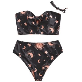 ZAFUL Women Ribbed Keyhole Tied High Waisted Bikini Spaghetti Straps Two Pieces Swimsuit Bathing Suit Sun Black L