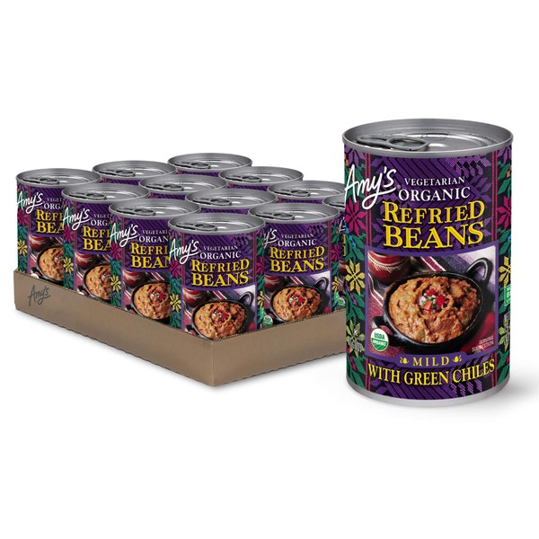 Amy's Organic Refried Beans Canned, Mild with Green Chiles, Vegan Gluten Free and Vegetarian, 15.4 Oz (12 Pack)