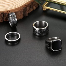 Adramata 4Pcs Stainless Steel Signet Rings for Men Vintage Biker Rings Set Silver Spinner Ring Gold Band Pinky Thumb Rings Men's Ring for Dad Father Jewelry Gift