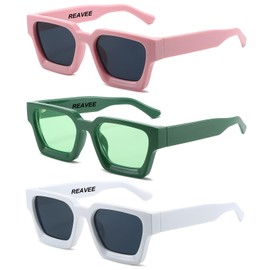 REAVEE 3 Pairs Oversized Square Stylish Sunglasses for Women UV400 Protection Men T2313 Pink Green and White