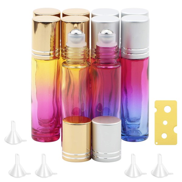 Rowiz 10ml Gradient Glass Bottles Roll-On Bottles UV Protection Essential Oil Glass Bottles with Stainless Steel Roller Balls and Gold or Silver Screw Cap