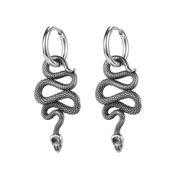 PunkTracker Mens Surgical Stainless Steel Snake Earrings Gothic Punk Black
